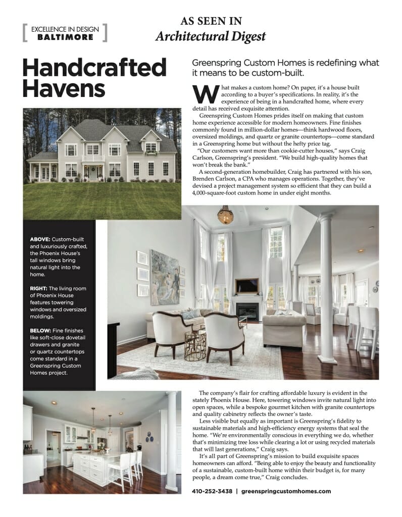 Architectural Digest Greenspring Homes article