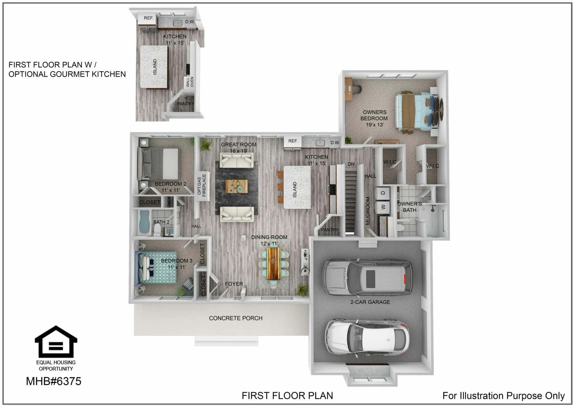 First floor plan for the Potomac Rancher Potomac by Greenspring Homes