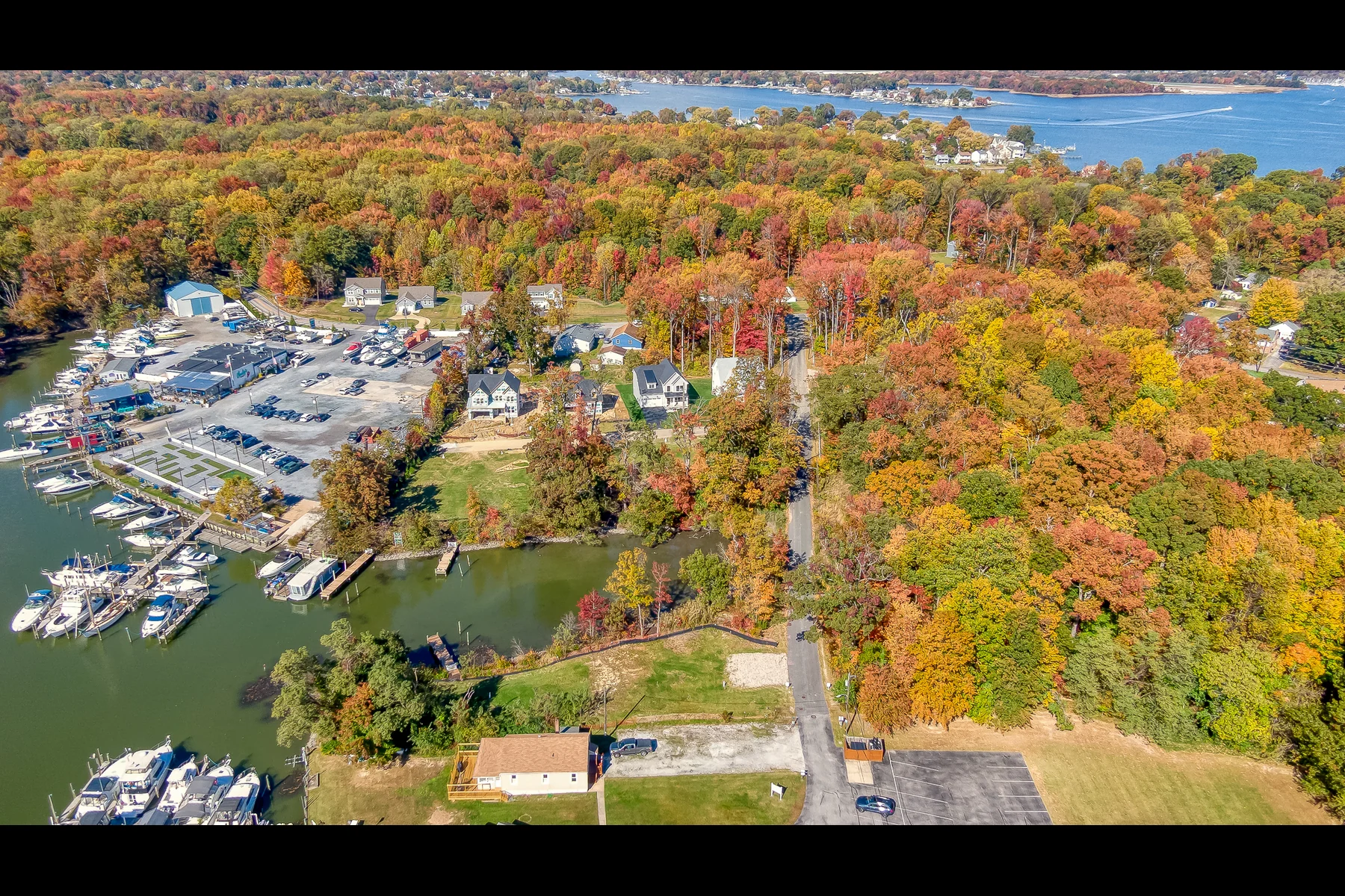 Aerial view of the marina on Sue Creek at Waters Edge in Essex, Maryland